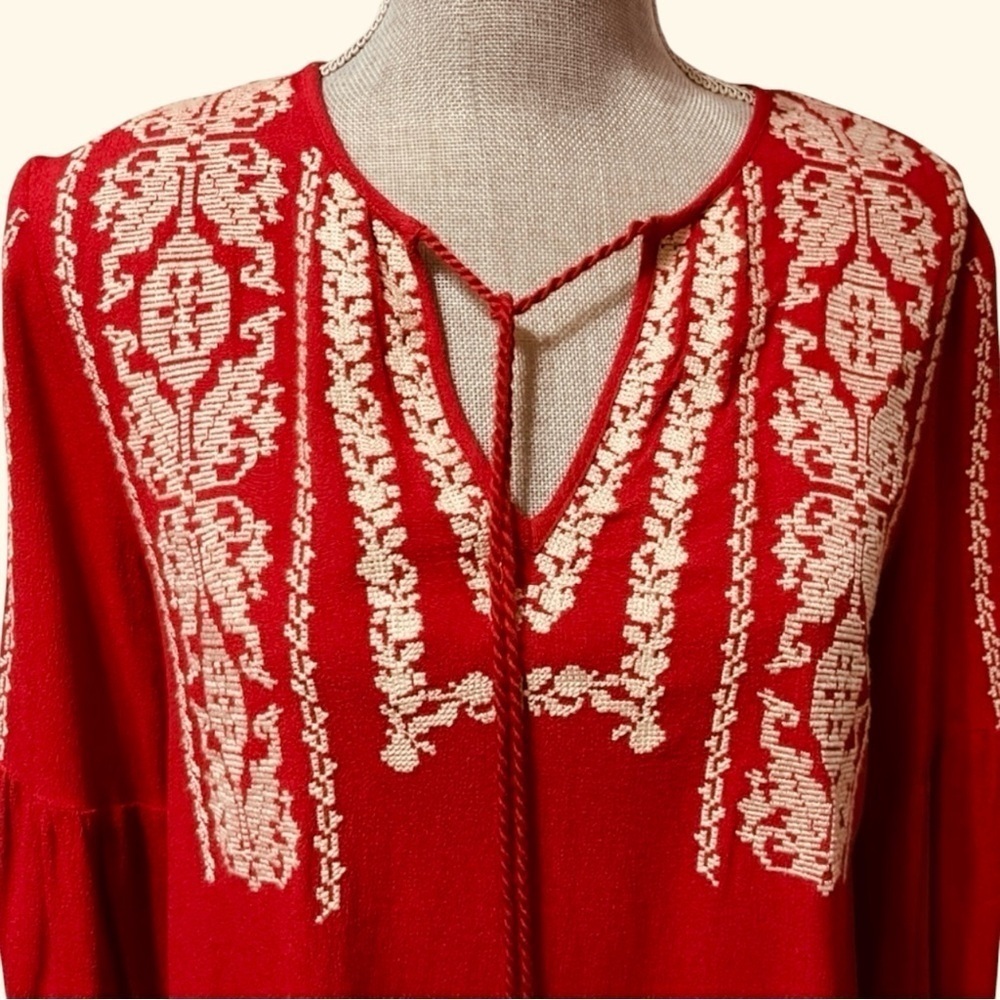 Sugar Lips Red Embroidered Boho Peasant Blouse Tassel Tie Long Sleeve Small - Picture 6 of 12